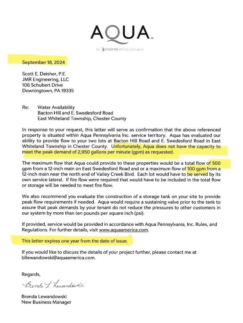 AQUA Pennsylvania letter stating it cannot meet the water demand required for the Sentinel Green Fig data center project.