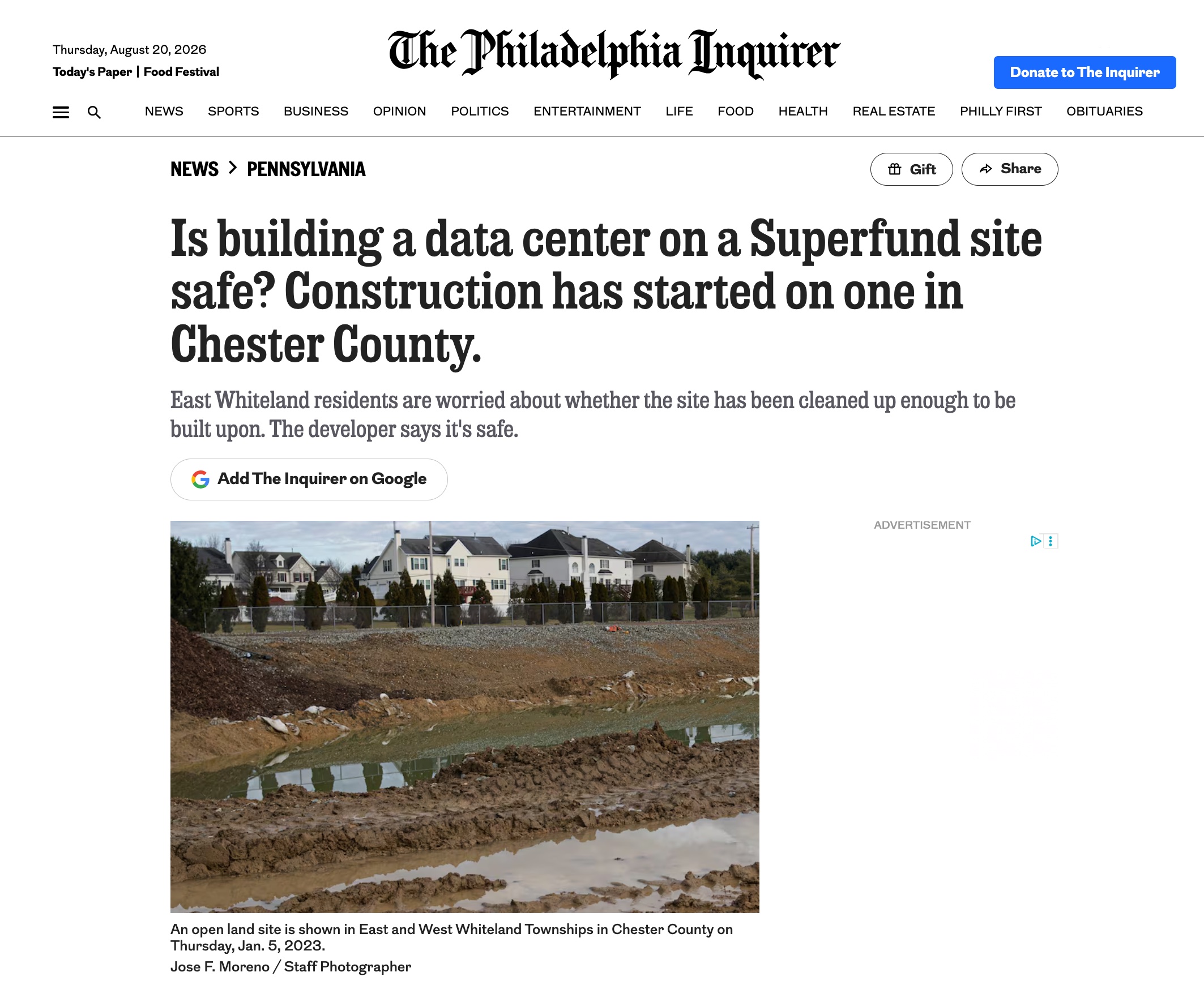 The Philadelphia Inquirer feature on the East Whiteland data center and Foote Mineral Superfund site.