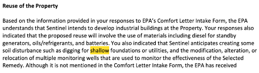 EPA Comfort Letter, March 20, 2026, Reuse of the Property section, describing Sentinel's anticipated soil disturbance as digging for shallow foundations or utilities.