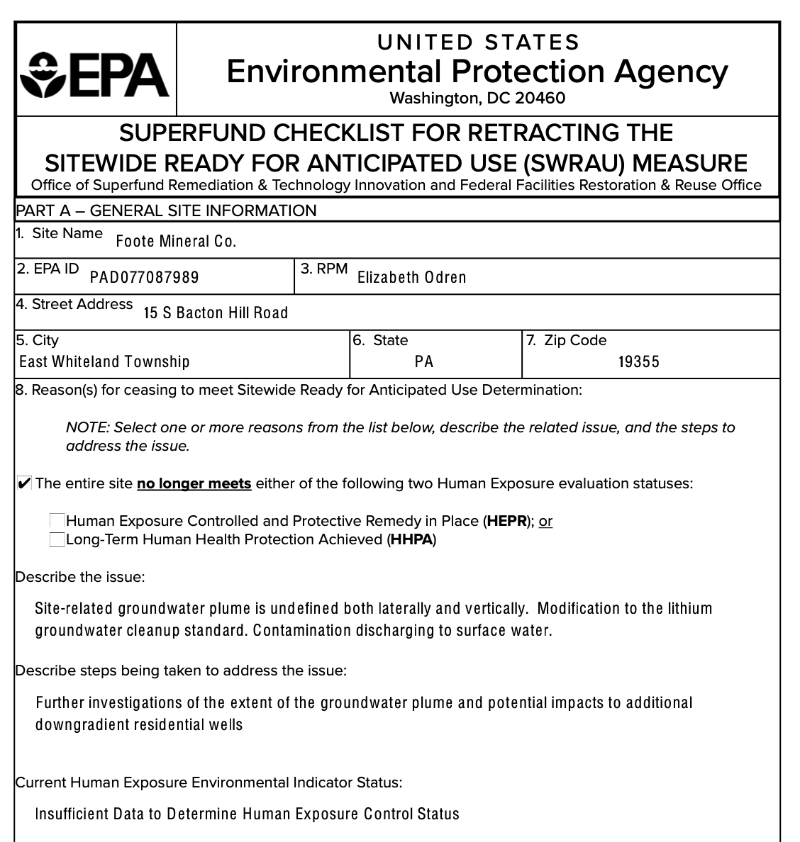 EPA's own Superfund Checklist for Retracting the Sitewide Ready for Anticipated Use Measure for the Foote Mineral Co. site, checked to indicate the site no longer meets Human Exposure Controlled and Protective Remedy in Place or Long-Term Human Health Protection standards, citing an undefined groundwater plume and contamination discharging to surface water.