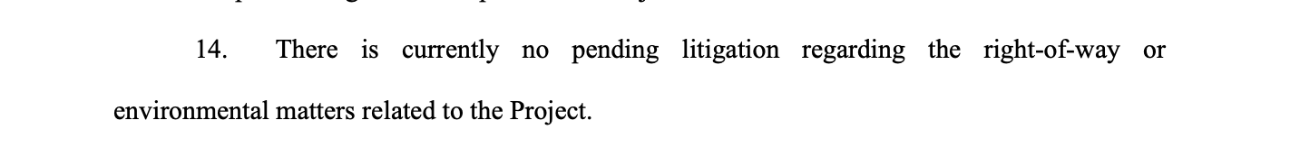 PECO Letter of Notification to the Pennsylvania Public Utility Commission, paragraph 14, stating there is no pending litigation regarding environmental matters related to the project.